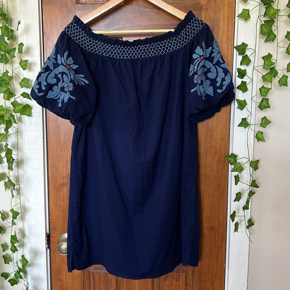 BEACH LUNCH LOUNGE Off The Shoulder 100% Cotton Boho Embroidered Navy Mini Dress